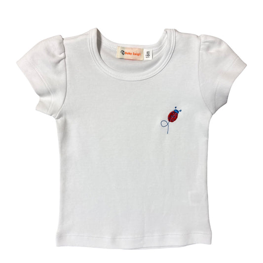 Girl Short Cap Sleeve White T-Shirt with Ladybug Embroidery