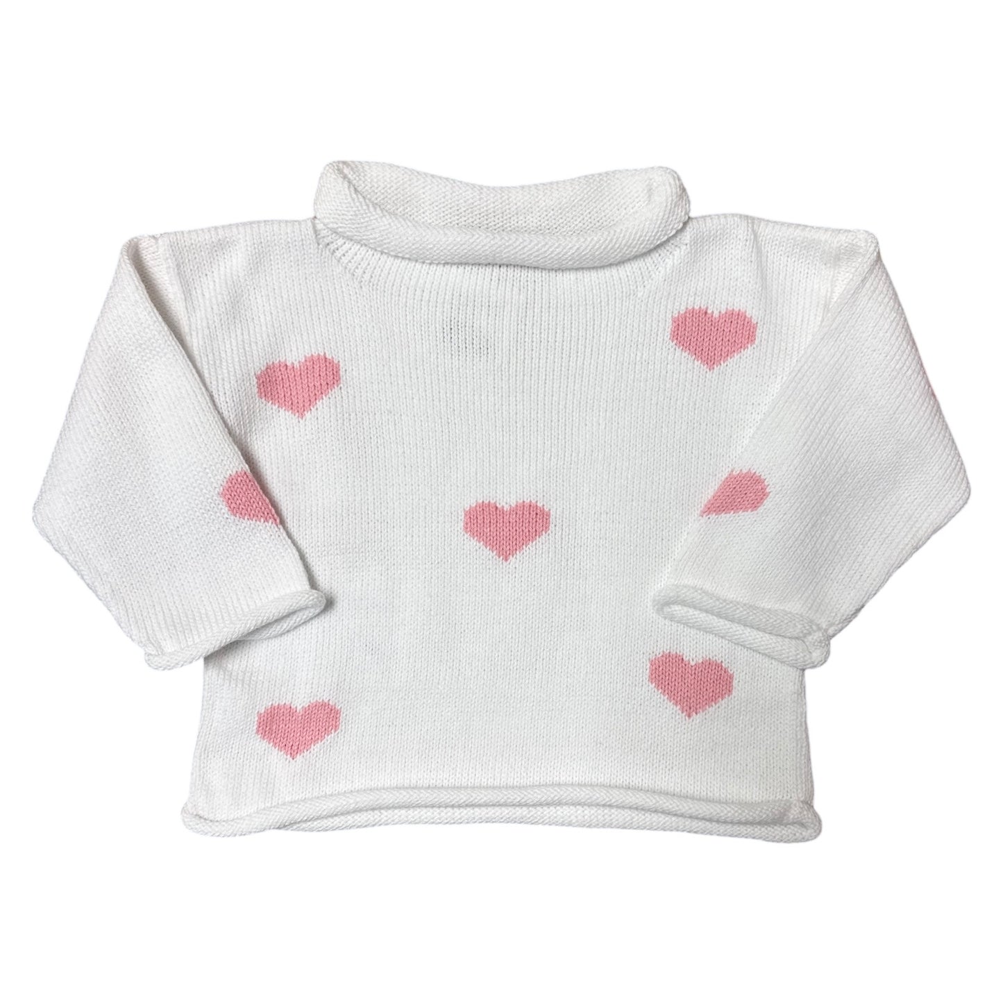 Rollneck White Sweater with Pink Hearts All Over