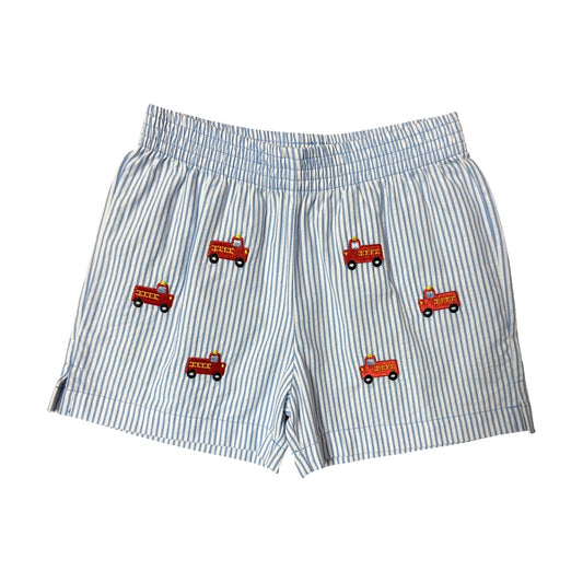 Boy's Seersucker Play Shorts, Blue with Embroidered Firetrucks