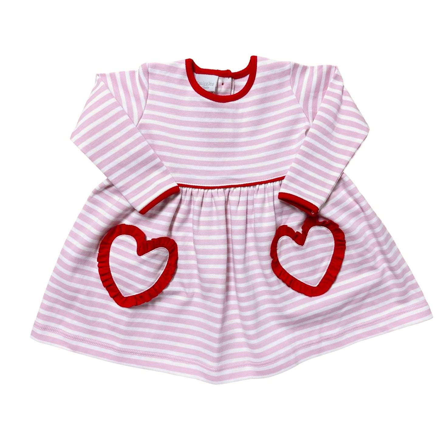 Long Sleeve Pink Stripe Dress with Red Ruffle Heart Pockets