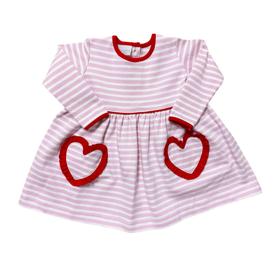 Long Sleeve Pink Stripe Dress with Red Ruffle Heart Pockets