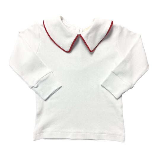 Boy's Long Sleeve Basic Knit Top, White with Red Piping