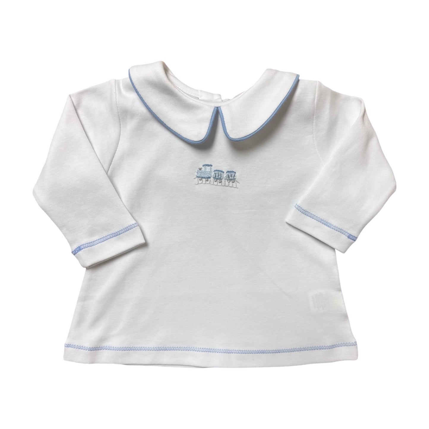 Boy's L/S Collared Blue Trim Knit Top with Embroidered Train