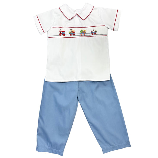 Boy's Smocked Christmas Train Blue Pant Set