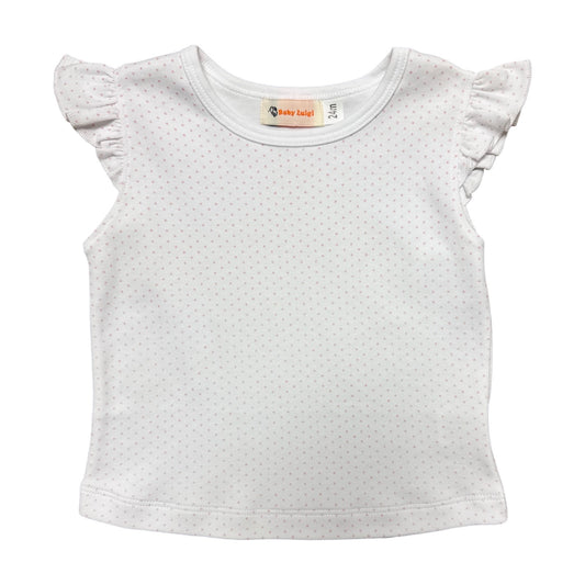 Girl's Short Sleeve T-Shirt with Flutter, White with Pink Polka Dot