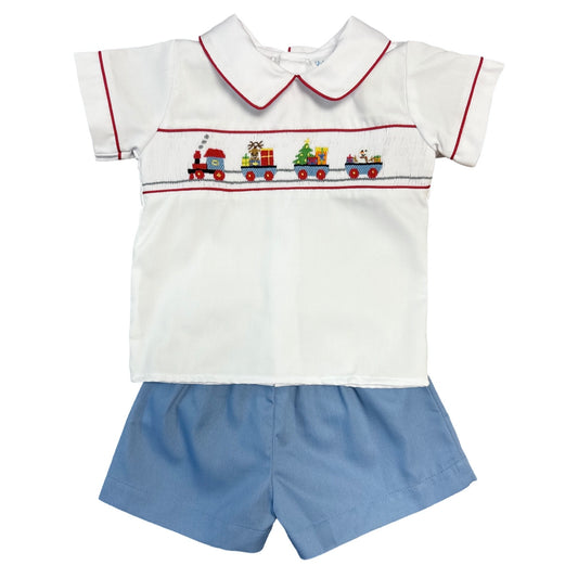 Boy's Smocked Christmas Train Blue Short Set