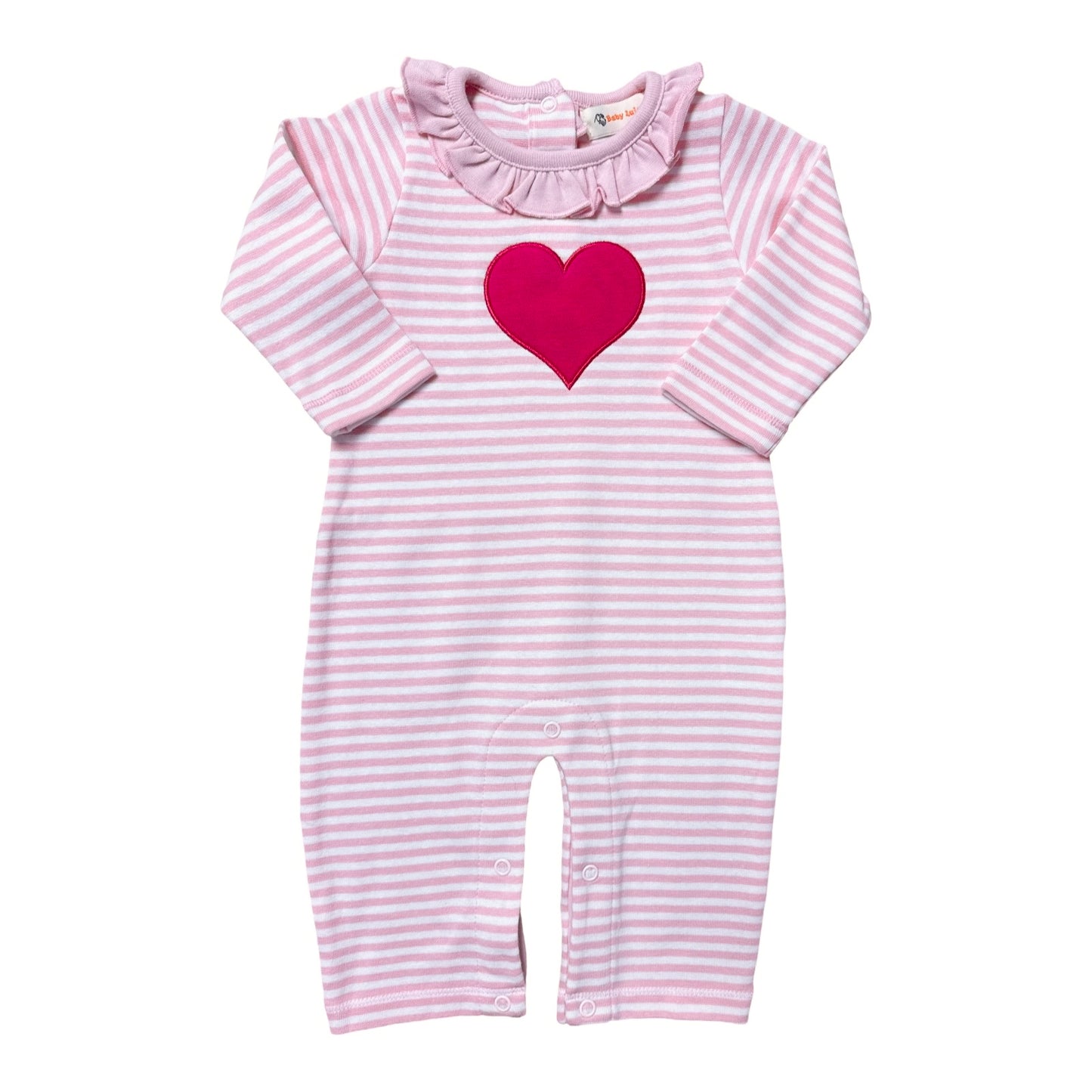 Girl's L/S Pink Stripe Playsuit w/ Raspberry Heart Applique