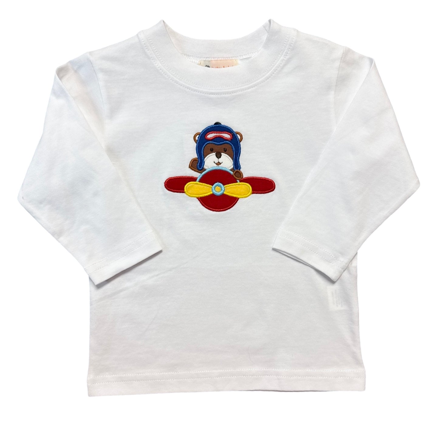 Boy's Long Sleeve White T-Shirt with Airplane Pilot Bear Applique