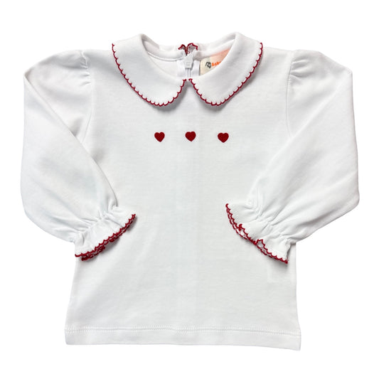 Girl's L/S Collared Back Zip Shirt, Embroidered Red Hearts