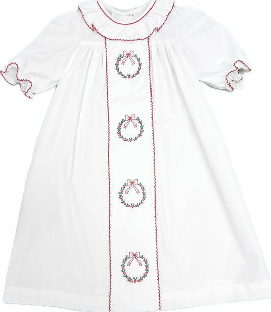 White Christmas Wreath Embroidered Baby Day Gown