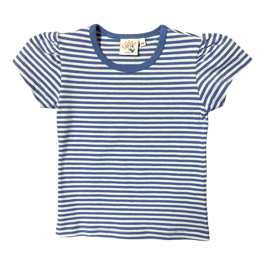 Girl Short Cap Sleeve T-Shirt, Dark Chambray Stripe