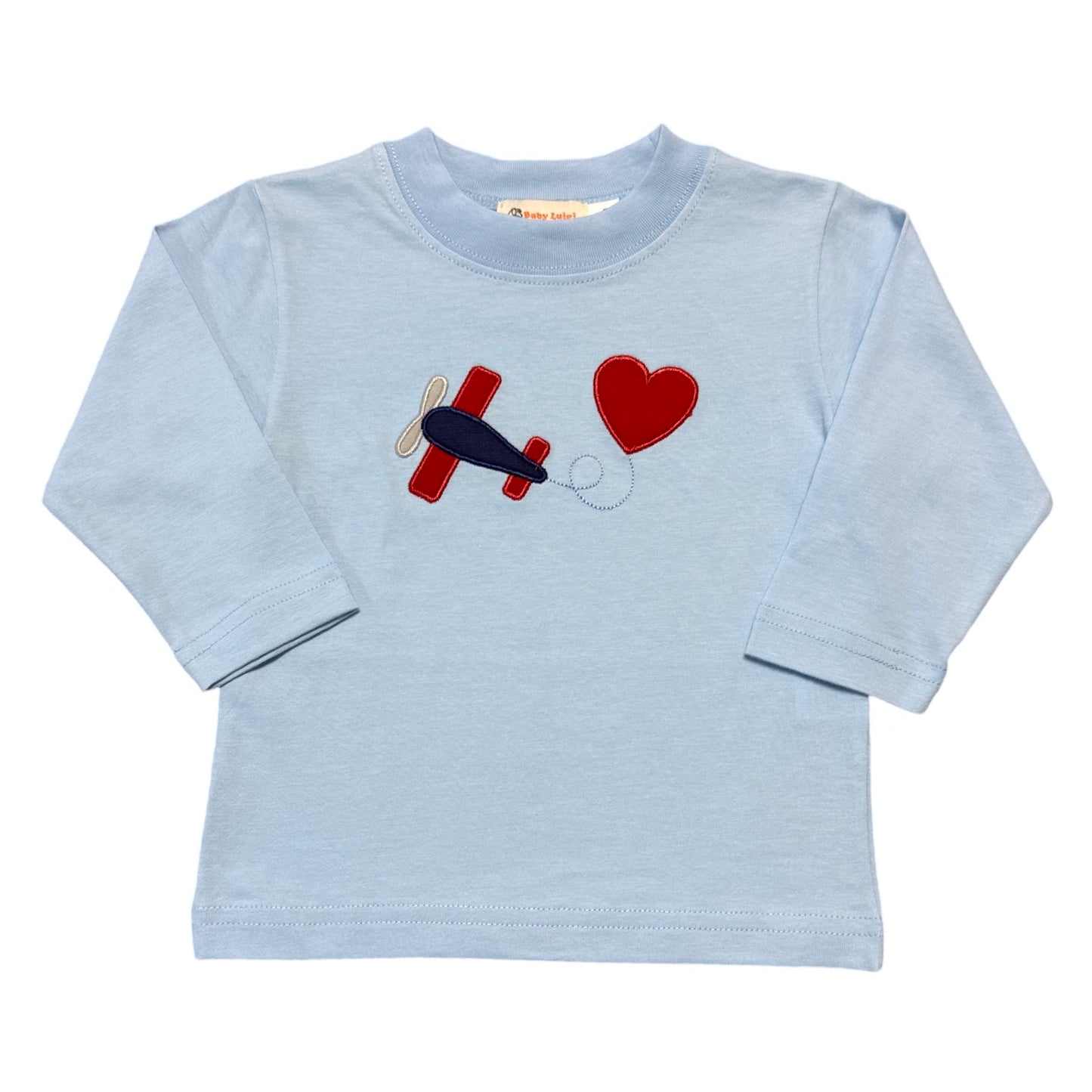 Boy's Long Sleeve Blue T-Shirt, Airplane with Heart Applique