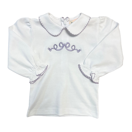 Girl's L/S Collared Back Zip Shirt, Lavender Embroidered Bow