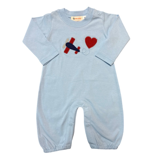 Boy's Long Sleeve Blue Playsuit, Airplane with Heart Applique