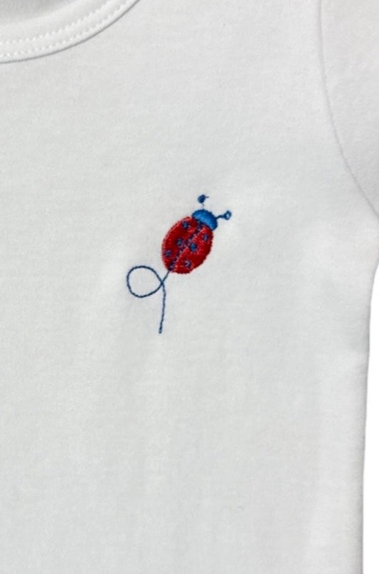 Girl Short Cap Sleeve White T-Shirt with Ladybug Embroidery