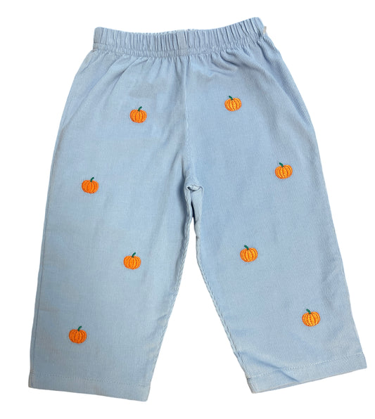 Boy's Pumpkin Embroidered Sky Blue Corduroy Pants