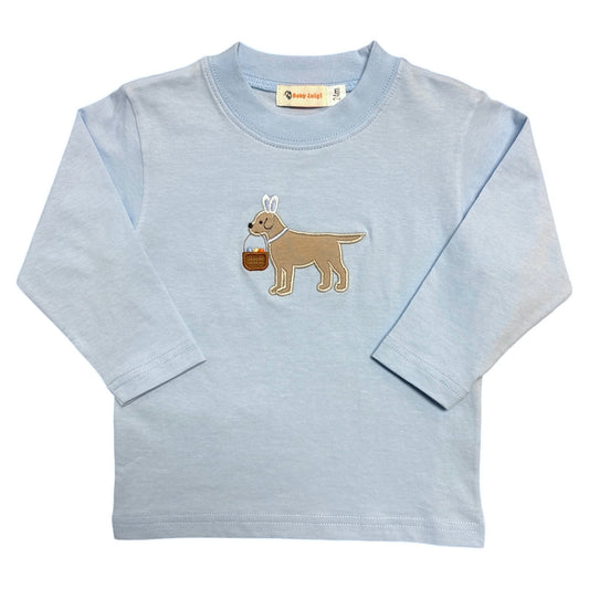 Boy's Long Sleeve Blue T-Shirt, Dog with Easter Basket Applique