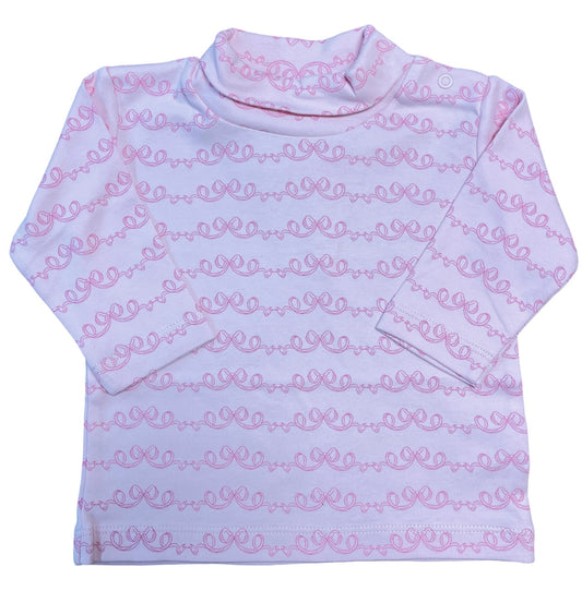 Girl's Pink Bow Print Pink Turtleneck