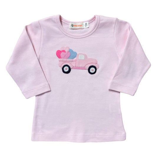 Girl's Long Sleeve Pink T-Shirt with Hearts Truck Applique