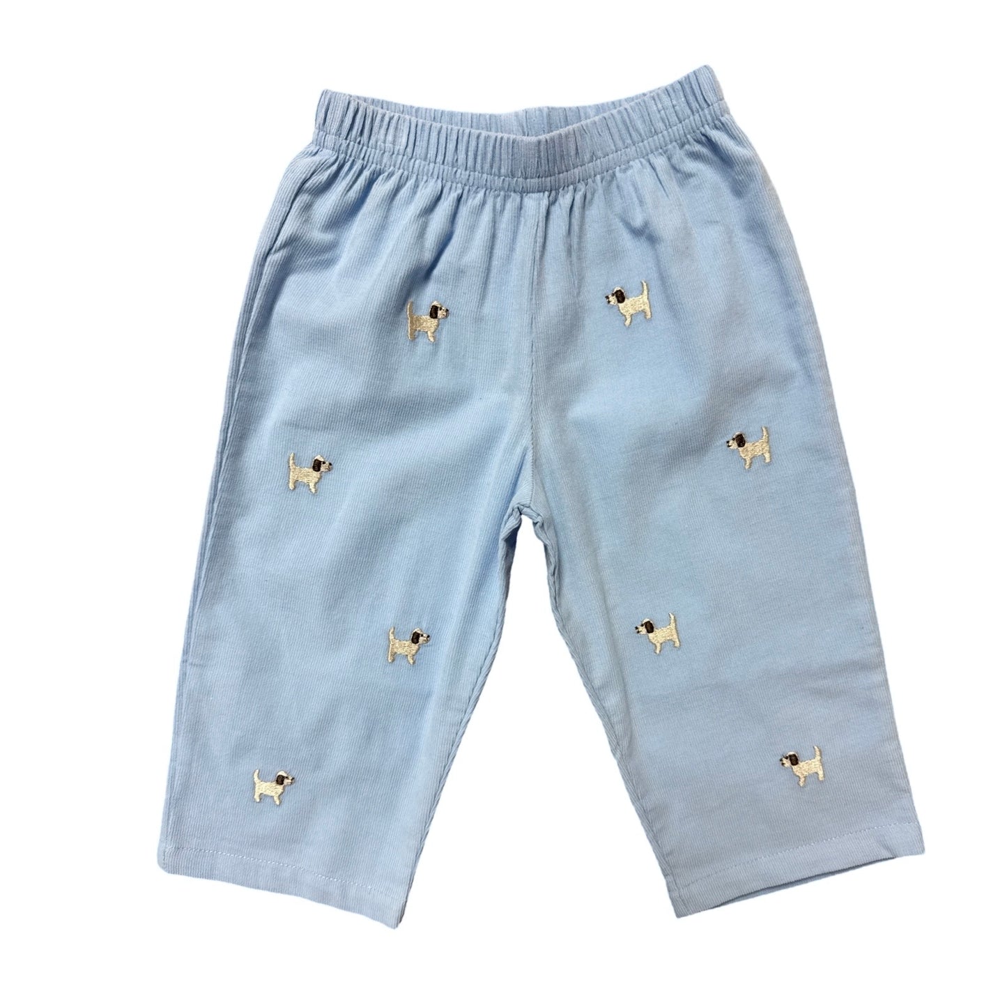 Boy's Puppy Embroidered Sky Blue Corduroy Pants