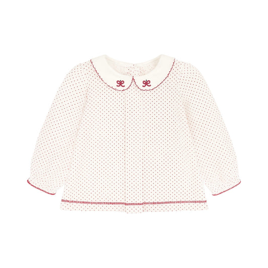 Long Sleeve Pleated Polka Dot Top, Holiday Bow