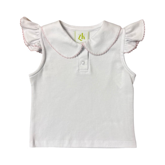 Sophie Polo Blouse, White Knit w/ Pink Trim