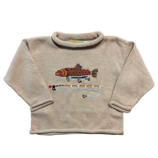 Rollneck Khaki Sweater with Trout & Fishing Pole