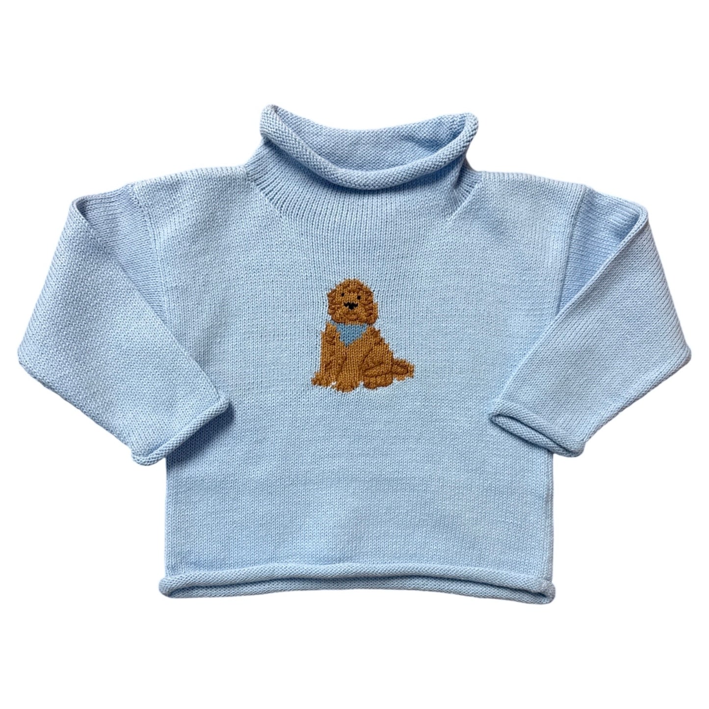 Rollneck Sky Blue Sweater, Goldendoodle with Bandana