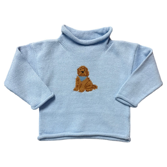 Rollneck Sky Blue Sweater, Goldendoodle with Bandana