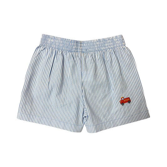 Boy's Seersucker Play Shorts, Blue with Embroidered Firetrucks
