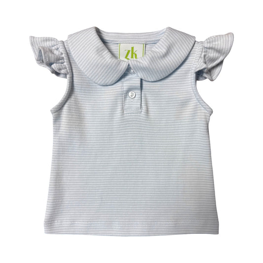 Sophie Polo Blouse, Light Blue Bitty Stripe Knit
