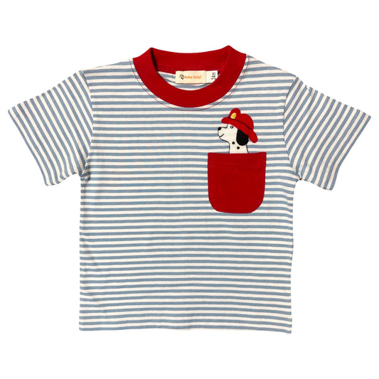 Boy Short Sleeve Stripe Pocket T-Shirt, Blue with Firetruck Pup Pocket