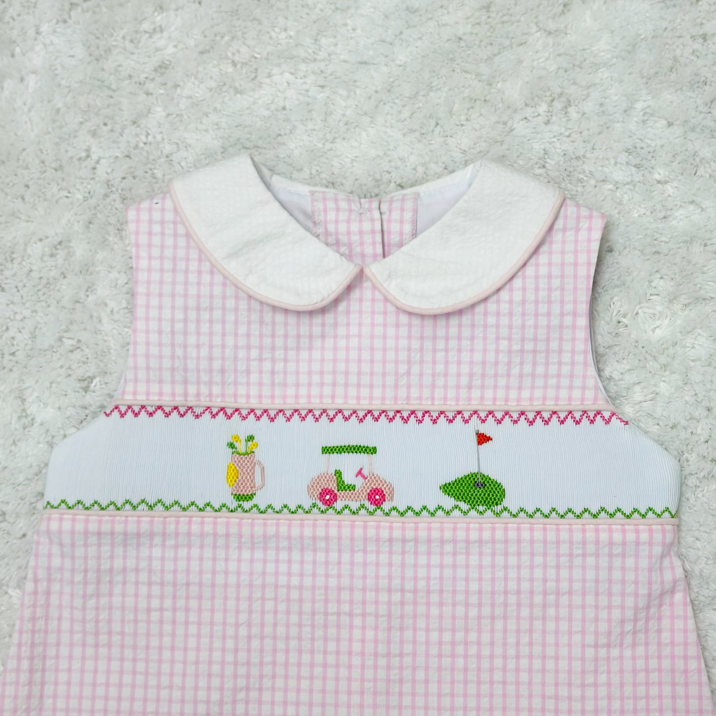 Golf Smocked Louisa Dress, Pink Windowpane Seersucker