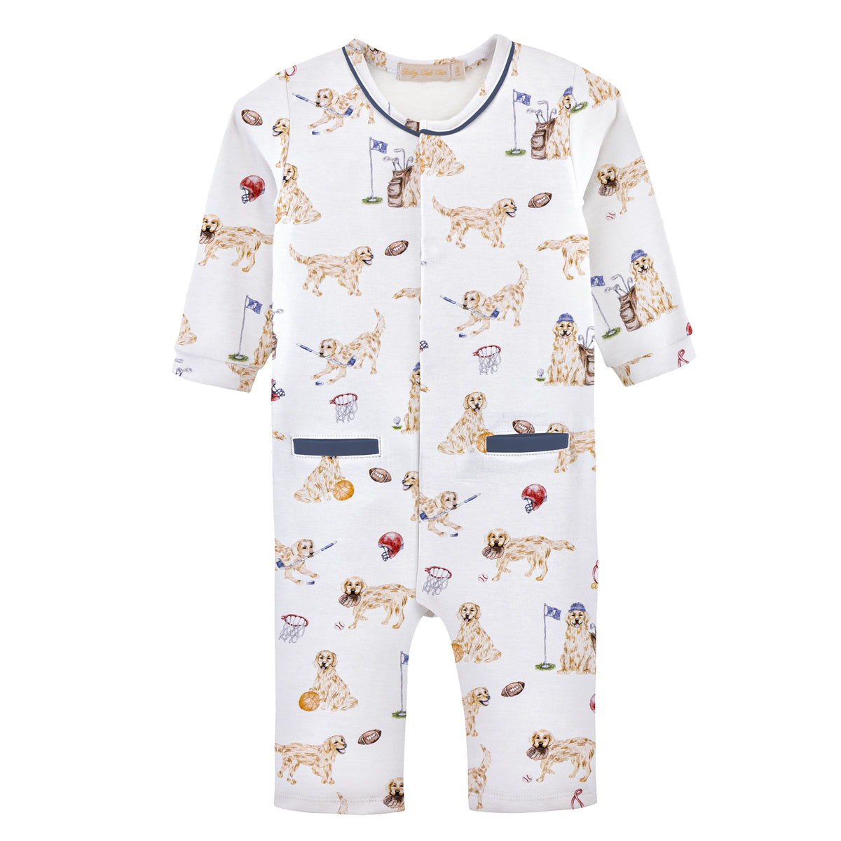 Baby onesie with dog pattern on a white background