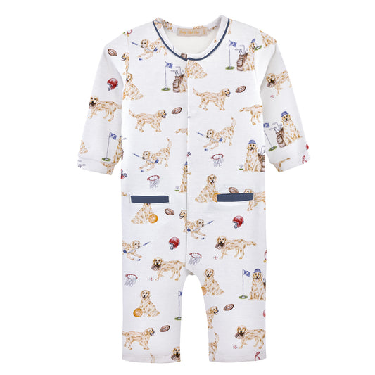 Baby onesie with dog pattern on a white background