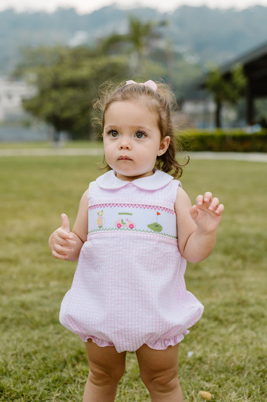 Golf Smocked Louisa Bubble, Pink Windowpane Seersucker