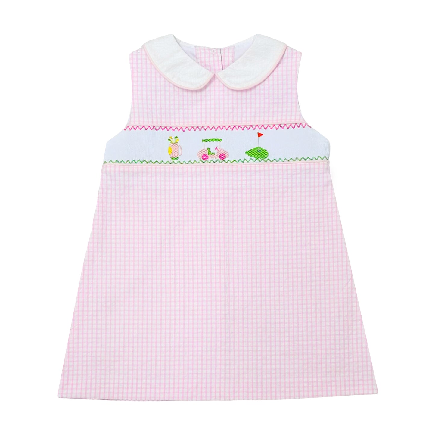 Golf Smocked Louisa Dress, Pink Windowpane Seersucker