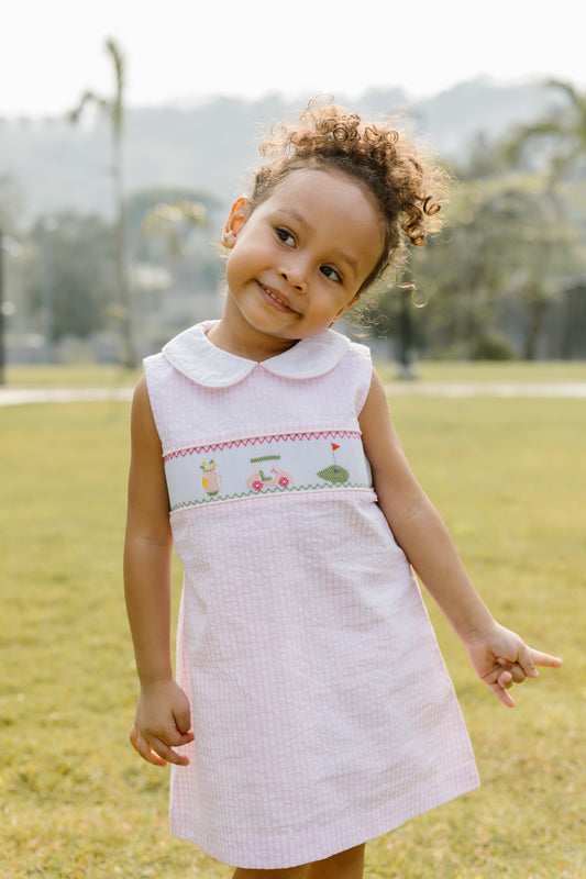 Golf Smocked Louisa Dress, Pink Windowpane Seersucker