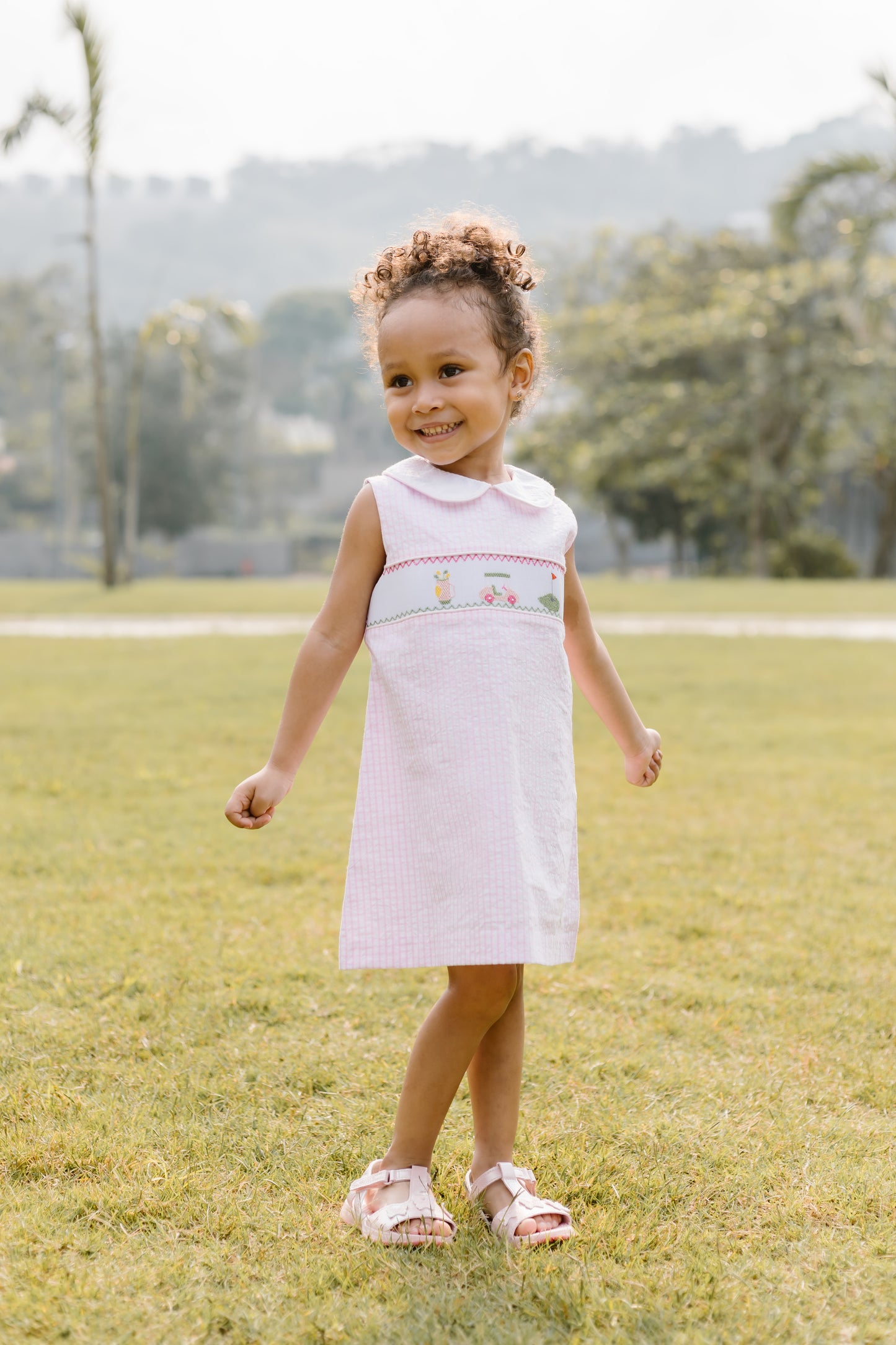 Golf Smocked Louisa Dress, Pink Windowpane Seersucker