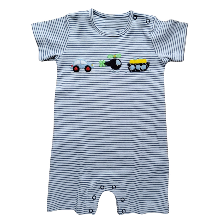 Beep, Whirl, Toot Applique Navy & White Short Sleeve Romper