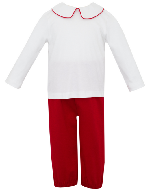 Boy's Red Knit Pants & White Long Sleeve Shirt Set