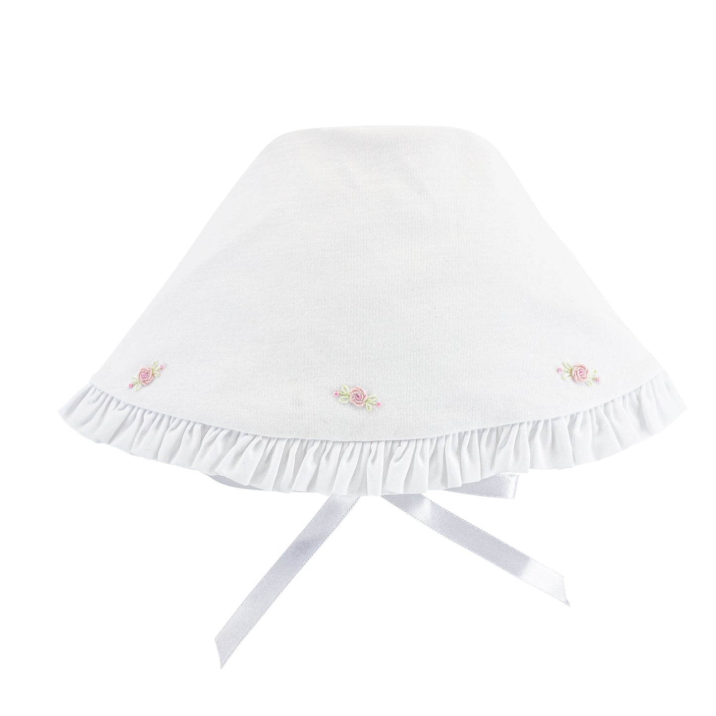 Ruffled Bonnet with Rosette Embroidery