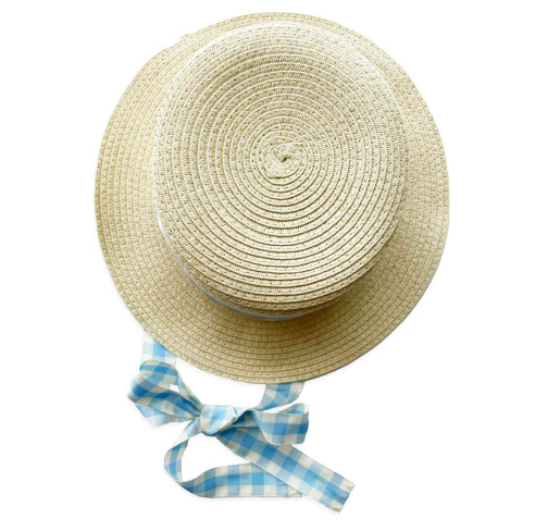 Canotier Straw Hat, Baby Blue Gingham Taffeta