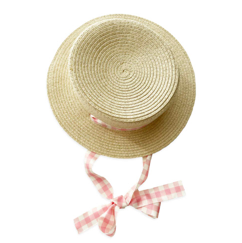 Canotier Straw Hat, Baby Pink Gingham Taffeta