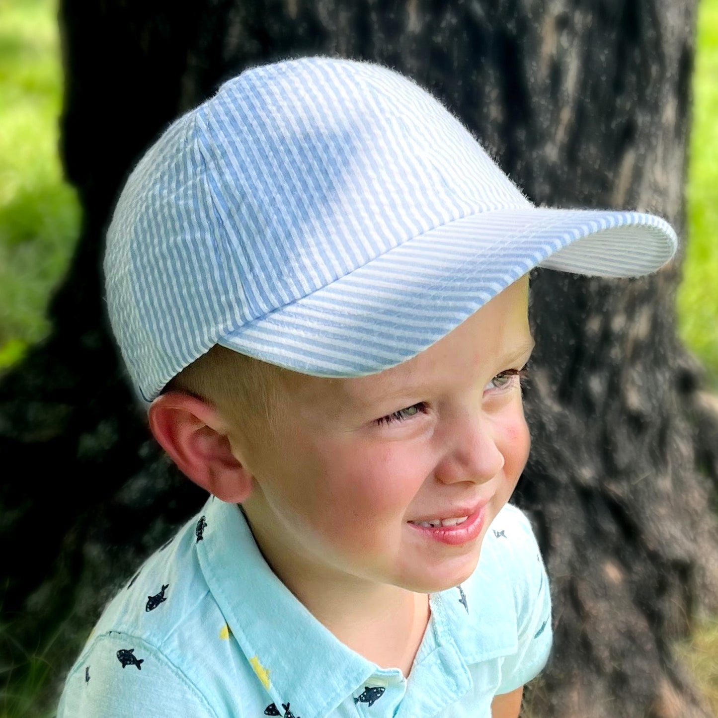 Blue Golf Cart Embroidered Seersucker Baseball Cap