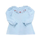 Heart Embroidered Scalloped Collar Blue Knit Blouse