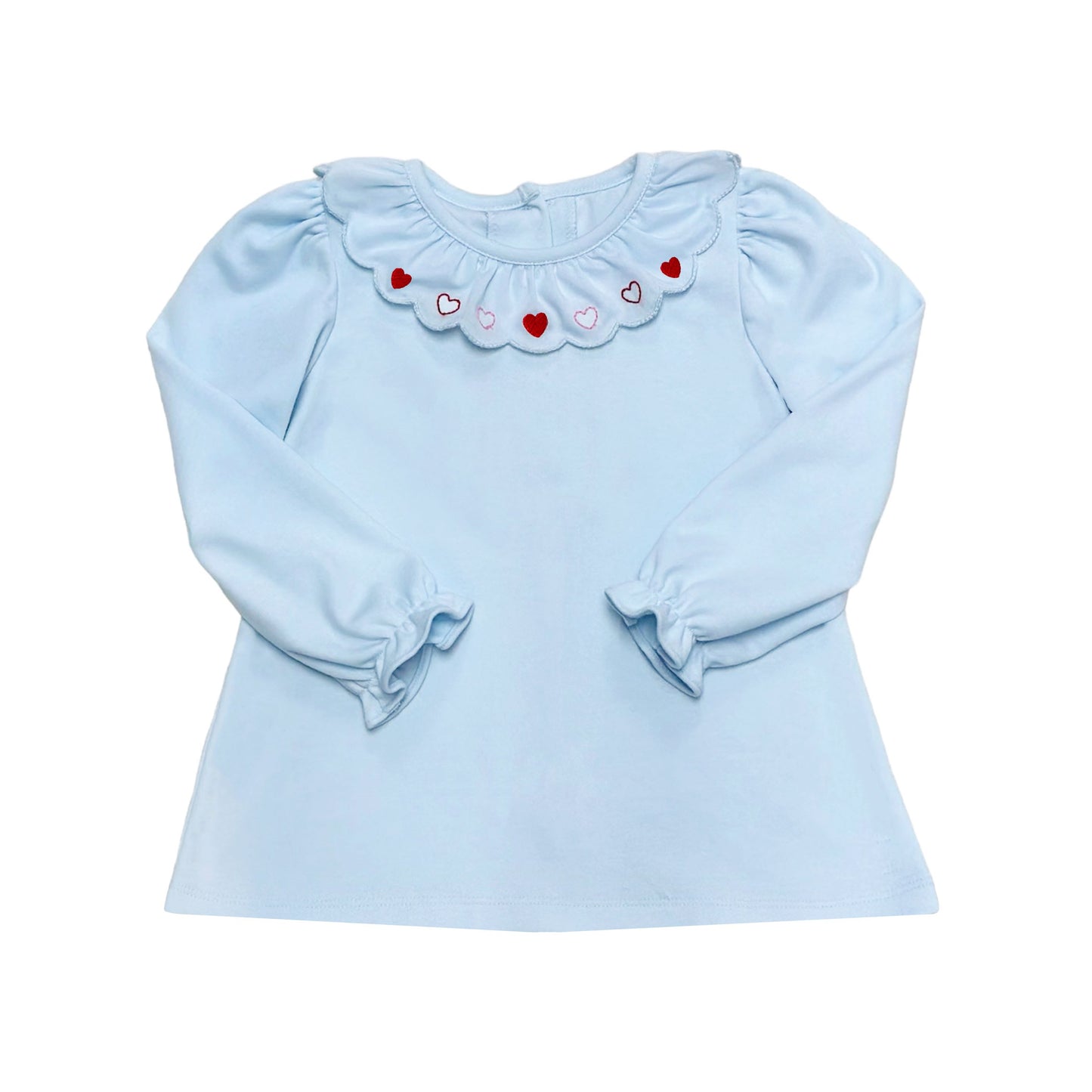 Heart Embroidered Scalloped Collar Blue Knit Blouse