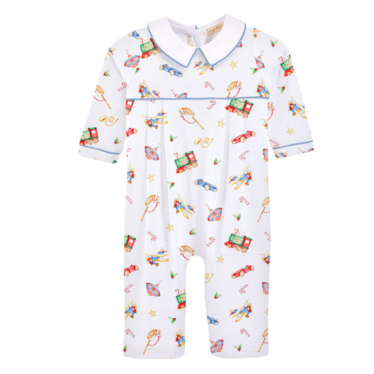 Baby onesie with colorful toy print on a white background