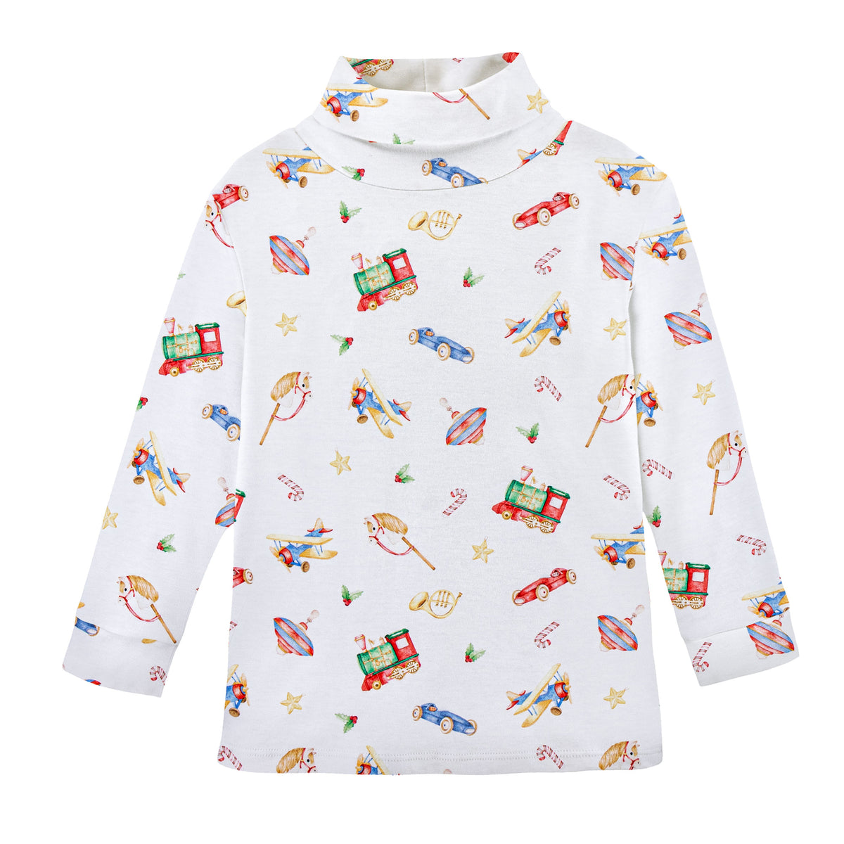Children's long-sleeve shirt with toy-themed pattern on a white background