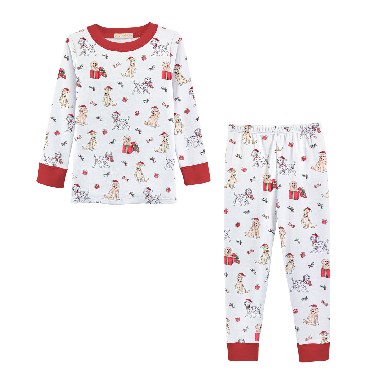 Children's pajama set with dog and gift print on a white background